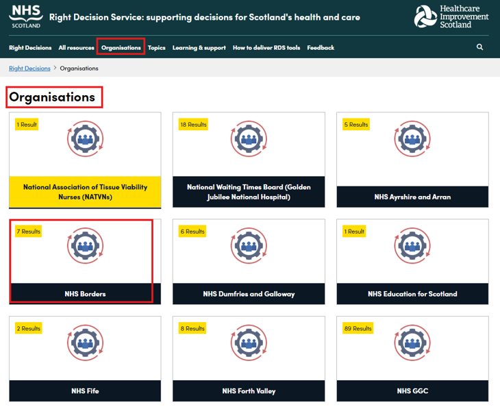 Screenshot showing how to find the list of organisations with content within the Right Decision Service