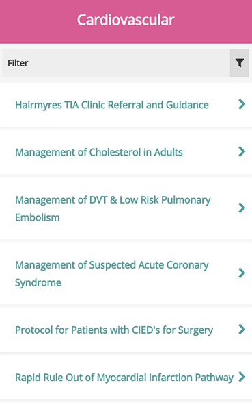 The filter functionality is available within NHSL Guidelines app in a shape of a filter box, where you type your keywords.