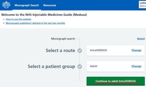 Screenshot of medusa: Continue to adult IntraVenous
