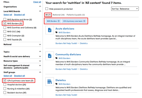 Screenshot showing the effect of filtering by both topic and organisation on the Right Decision Service website