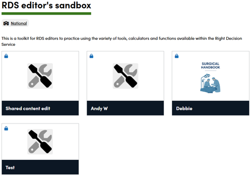 Screenshot of RDS editor's sandbox toolkit before use of shared content picker