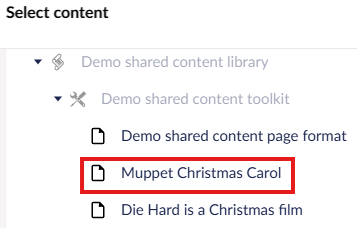 Screenshot showing how to select a page from the shared content area to embed within your toolkit