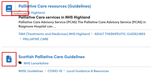 Screenshot showing resource icons next to search results on Right Decision Service website