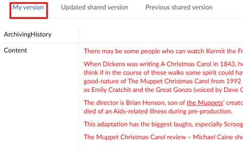 Screenshot showing red text that will be lost if content is imported