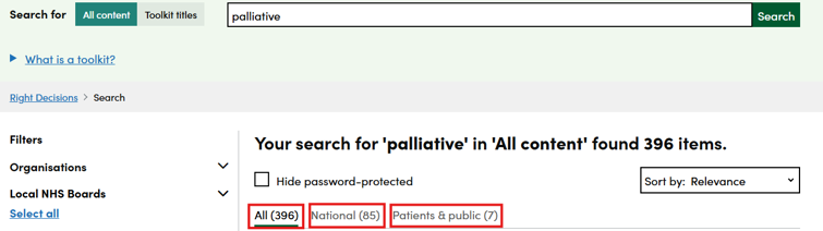 Screenshot showing three tabs of search results which appear on the Right Decision Service website