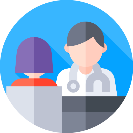 Doctor talking to a patient on a blue background.