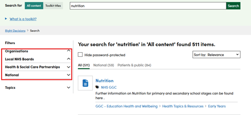 Screenshot showing options for filtering search results by organisation on the Right Decision Service website