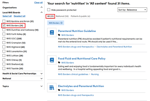 Screenshot showing the number of search results for the term 'nutrition' when filtering by 'NHS Borders' on the Right Decision Service website