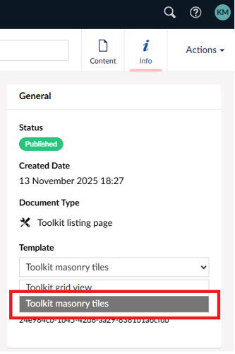 Screenshot of Info page with toolkit masonry tiles option
