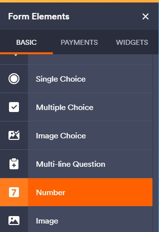 Jotform user interface with the number form element selected