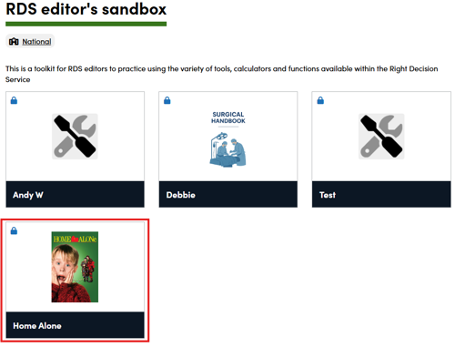 Screenshot of RDS editor's sandbox toolkit homepage after Home Alone page added using content share and edit functionality
