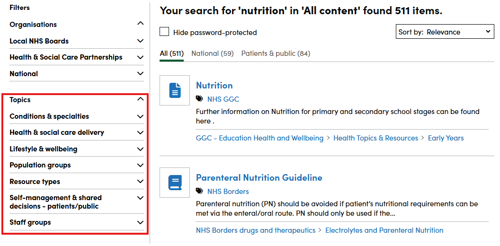 Screenshot showing main topic headings when choosing to filter by topic on the Right Decision Service website