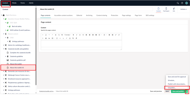 Screenshot showing steps to unpublish a page