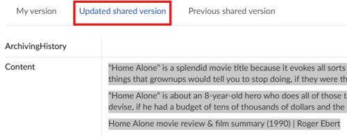 Screenshot showing suggestion to manually copy/ paste content so it is not lost during shared content import process