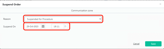 HEPMA suspend drug reason screen shot