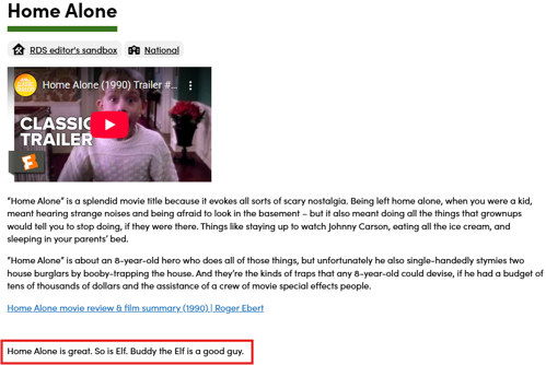 Screenshot of new Home Alone page which has been edited after being imported from the shared content area of the Right Decision Service platform