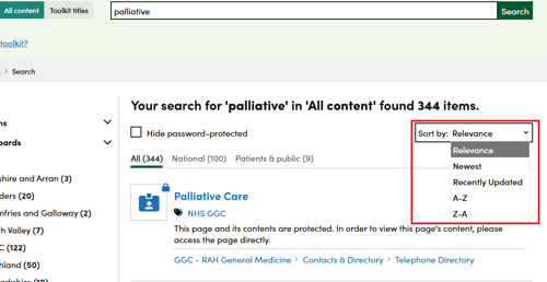 Screenshot showing the different ways in which you can sort the search results on the Right Decision Service website