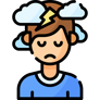 Sad child with clouds and lightening bolt around head