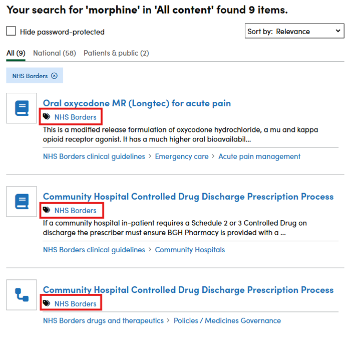 Screenshot shows search results when searching within an organisation are all from within the pages of the particular organisation toolkits. Screenshot is from the Right Decision Service website.