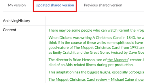 Screenshot showing updated shared version tab as part of content share and edit functionality