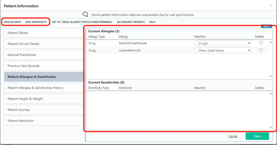 screen shot of HEPMA allergies patient note