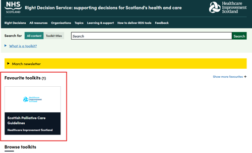 Screenshot showing a toolkit saved as a favourite on the Right Decision Service website
