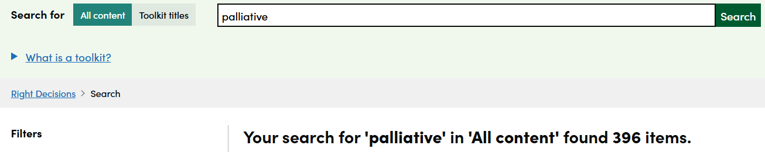 Screenshot showing number of search results which appear when searching for the term 'palliative' in 'All content' on the Right Decision Service website