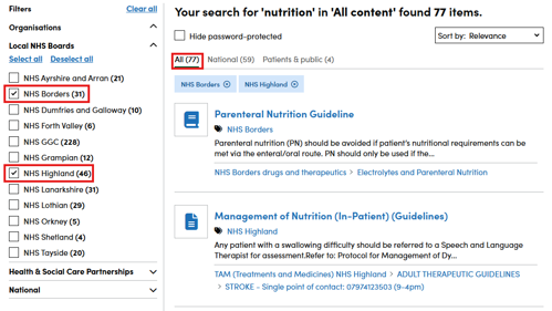 Screenshot showing the effect of filtering by more than one organisation on the Right Decision Service website