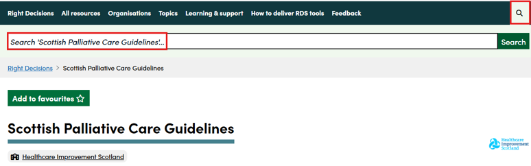 Screenshot showing the search icon for searching within a toolkit on the Right Decision Service website