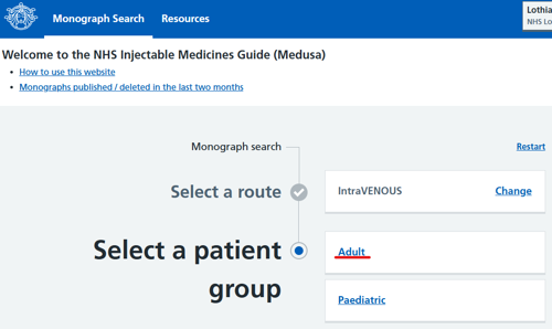 Screenshot of medusa: Select a patient group, adult or paediatric