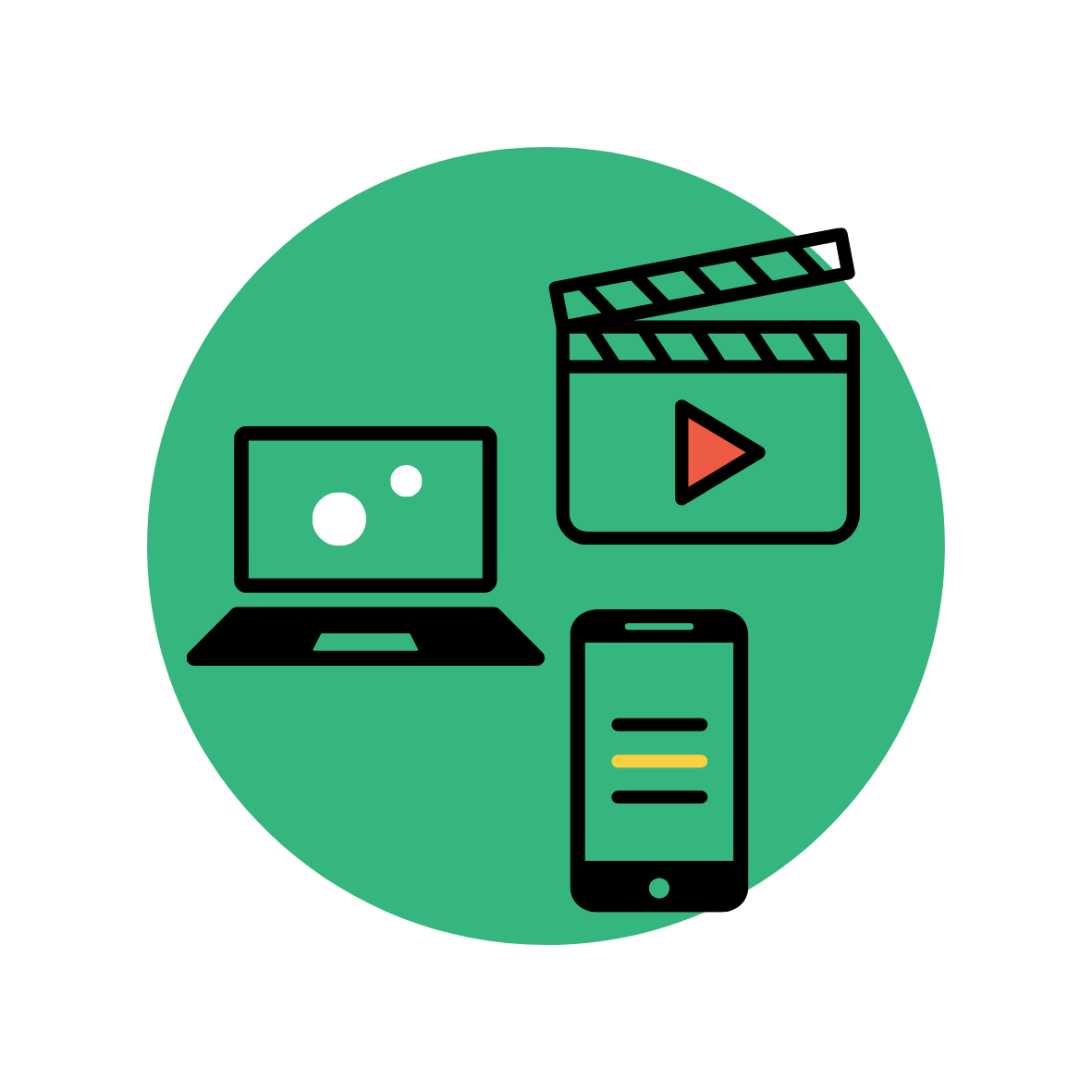 icon - phone, laptop and clapperboard on green background