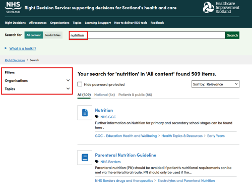 Screenshot shows a search on the Right Decision Service website along with options to filter the results
