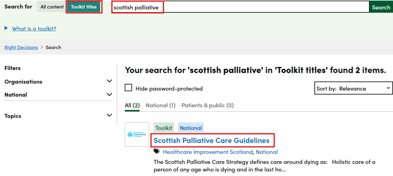 Screenshot shows results when you search for toolkit title using key words on the Right Decision Service website