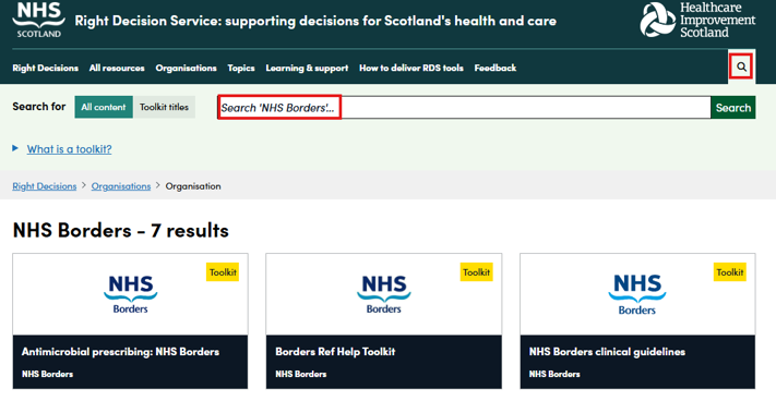 Screenshot shows that user will only be searching content from the organisation when searching within an organisation on the Right Decision Service website