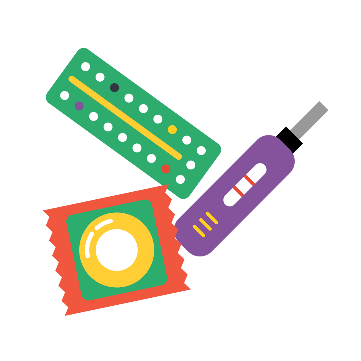 icon - condom, pregnancy test and sheet of pills