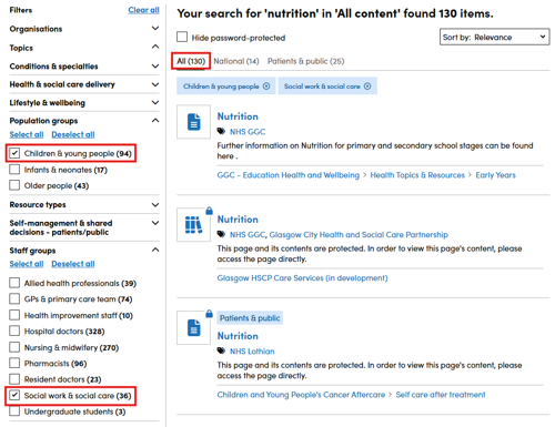 Screenshot showing the effect of filtering by more than one topic when searching on the Right Decision Service website