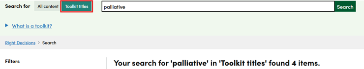 Screenshot showing the number of search results for the term 'palliative' when searching by toolkit title on the Right Decision Service website