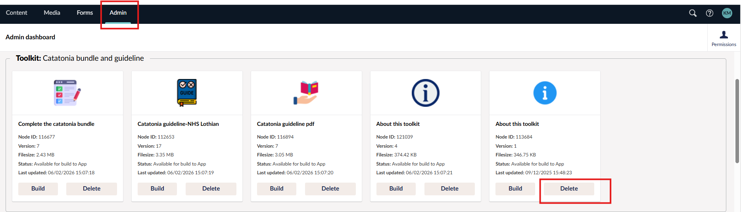 Screenshot of Admin tab highlighting delete app