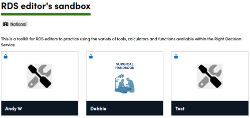 Screenshot of RDS editor's sandbox toolkit before page was added using content share and edit functionality