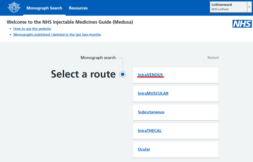 Screenshot of medusa's front page: Select route of drug to be given