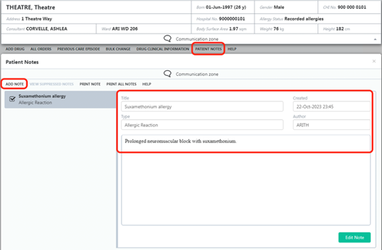 HEPMA add patient note screen shot