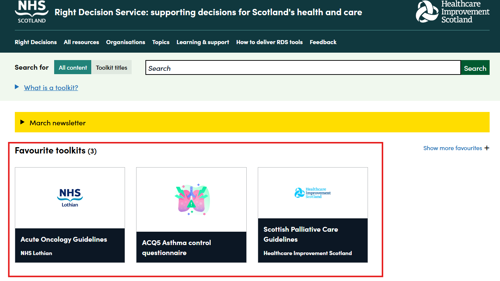 Screenshot showing multiple favourite toolkits saved on the Right Decision Service website