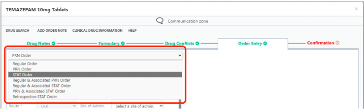 HEPMA stat dose order entry screen shot