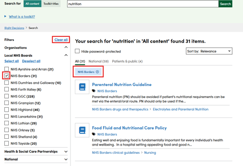 Screenshot showing how to remove filters on the Right Decision Service website