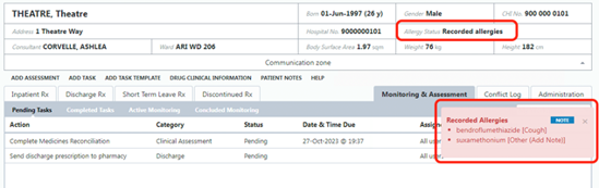 Screen shot on HEPMA allergies view