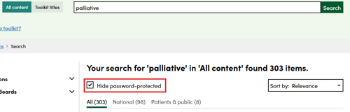 Screenshot showing how to hide password-protected resources from search results on Right Decision Service website